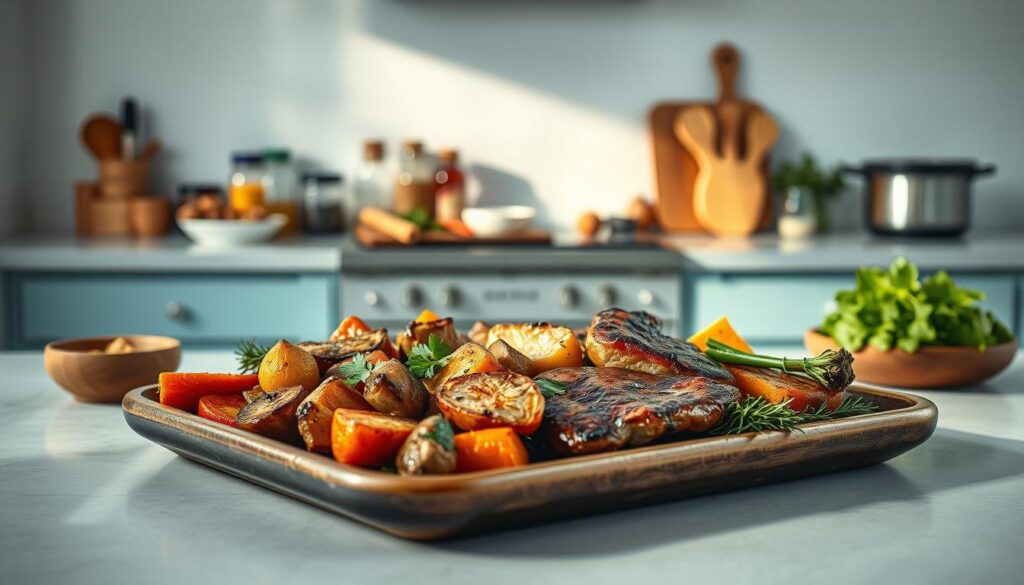 A minimalist kitchen with light blue accents provides the backdrop for an array of innovative pan dinner recipes. In the foreground, a selection of glistening roasted vegetables, succulent meats, and fragrant herbs are arranged artfully on a rustic wooden sheet pan. The middle ground features a variety of spices, seasonings, and cooking tools, hinting at the flavorful possibilities. Soft, natural lighting casts a warm glow over the scene, evoking a sense of homely comfort and culinary experimentation. The overall composition conveys a mood of simplicity, creativity, and the joy of crafting delicious pan-based meals.