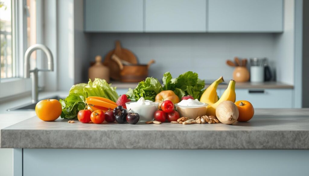 A minimalist kitchen with light blue accents, warm wooden textures, and a clean, uncluttered aesthetic. On a slate grey countertop, an assortment of fresh, vibrant ingredients are artfully arranged: crisp vegetables, creamy yogurt, juicy fruits, and crunchy nuts. The natural lighting casts a soft, inviting glow, highlighting the appetizing display of quick, no-heat recipes perfect for a teen's lunchbox. The scene conveys a sense of simplicity, health, and convenience - a tempting representation of delicious, hassle-free meals.