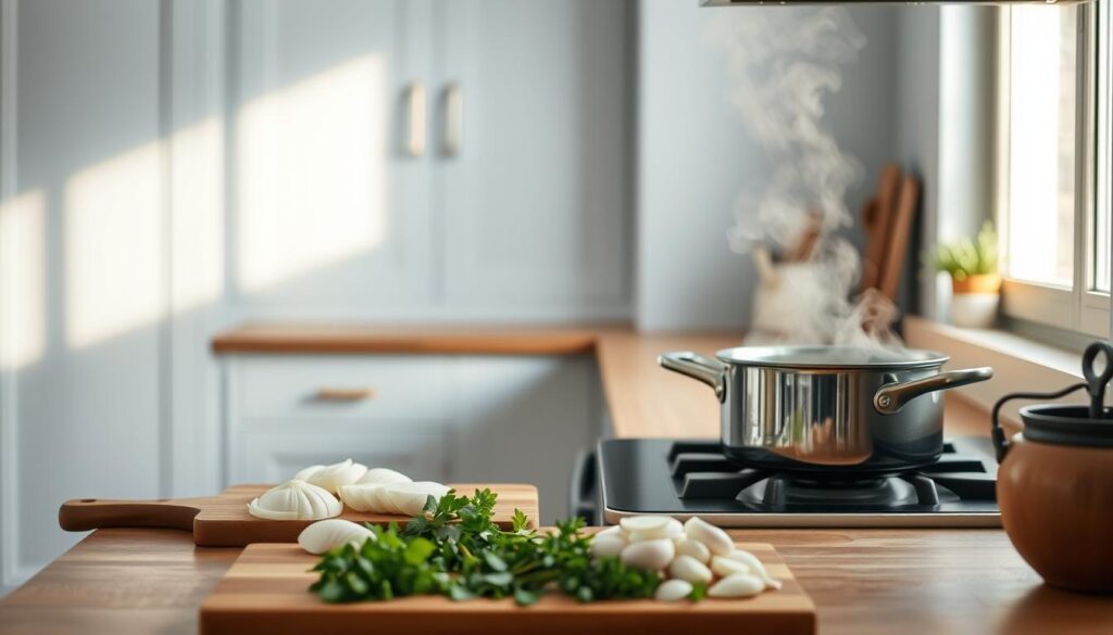 A minimalist kitchen with light blue cabinets and warm wooden surfaces. A cooking pot simmering on the stovetop, releasing gentle steam. Sliced onions, garlic, and herbs on a cutting board, their aromas subtly wafting through the air. Soft, natural lighting filters in through a nearby window, casting a cozy glow. The scene conveys a sense of effortless, low-odor meal preparation - a tranquil moment of culinary focus, free from overpowering smells.