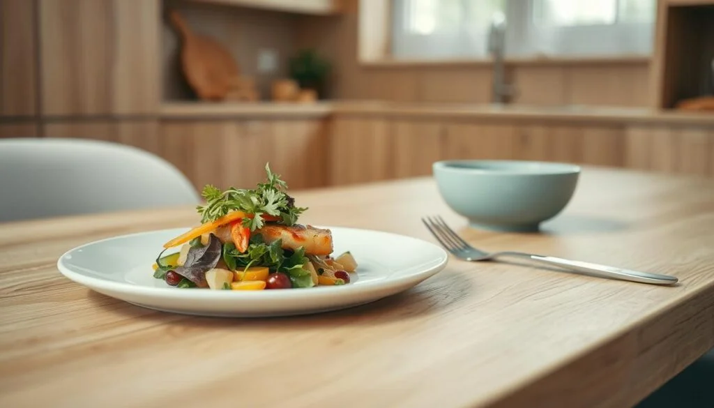 A minimalist kitchen with soft light and wooden textures sets the stage for an elegant meal. In the foreground, a clean white plate rests on a wooden surface, its edges delicately adorned with a vibrant array of carefully arranged vegetables, vibrant greens, and a perfectly cooked protein. The middle ground features a simple yet stylish table setting, with a light blue ceramic bowl and a thin, linear utensil arrangement, creating a sense of balance and harmony. In the background, a window allows natural light to filter in, casting a warm, inviting glow and emphasizing the clean, uncluttered aesthetic. The overall mood is one of refined simplicity, with each element thoughtfully placed to showcase the beauty and artistry of the prepared meal.