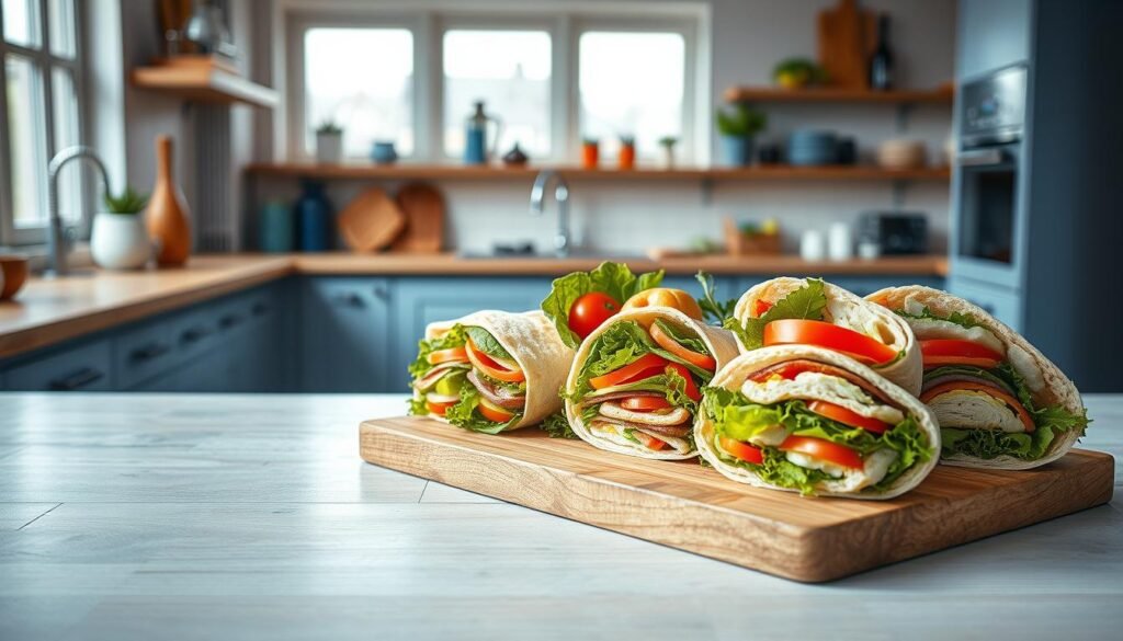 A minimalist kitchen with soft light filtering through large windows, wooden countertops, and blue accents. In the foreground, an array of innovative sandwich and wrap combinations sit on a wooden cutting board, their vibrant colors and textures inviting closer inspection. Artfully arranged ingredients, such as fresh greens, juicy tomatoes, and flavorful sauces, suggest endless possibilities for crafting unique and delightful cold lunch recipes. The scene captures a sense of creativity, freshness, and the promise of satisfying and nutritious midday meals.