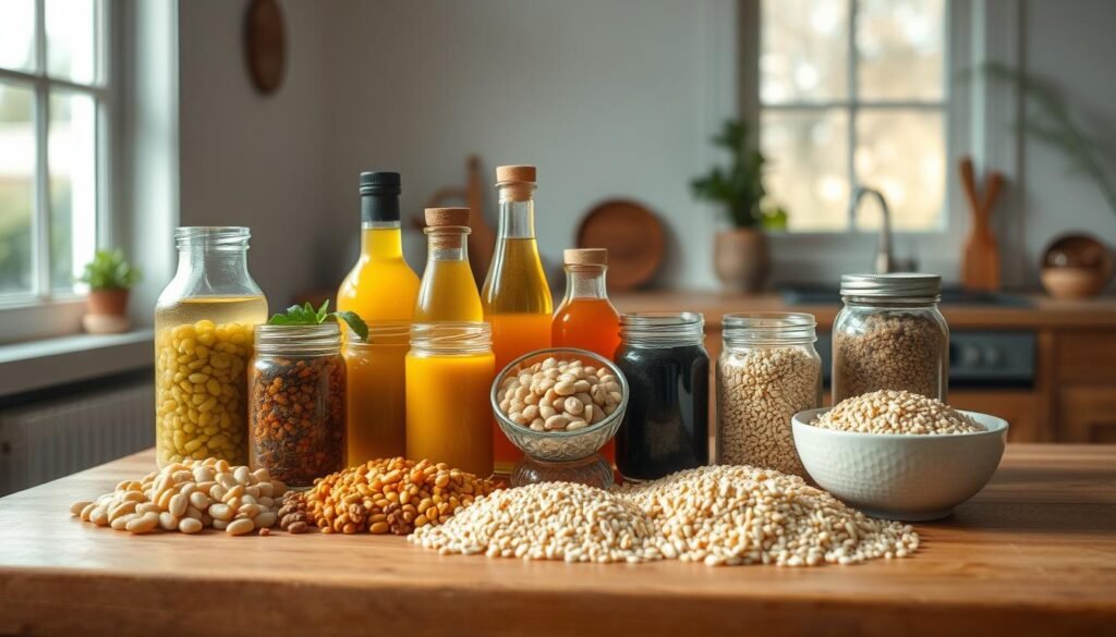 A minimalist kitchen with warm, natural lighting from large windows casts a soft glow across a wooden table. Atop the table, different types of beans, lentils, and grains are neatly arranged, accompanied by various jars and bottles containing homemade vinaigrettes, infused oils, and aromatic seasonings. The composition is balanced, with the ingredients complementing each other in a visually appealing layout, hinting at the flavorful and nutritious cold lunch recipes to come. The overall mood is one of simplicity, organization, and a celebration of plant-based protein sources.