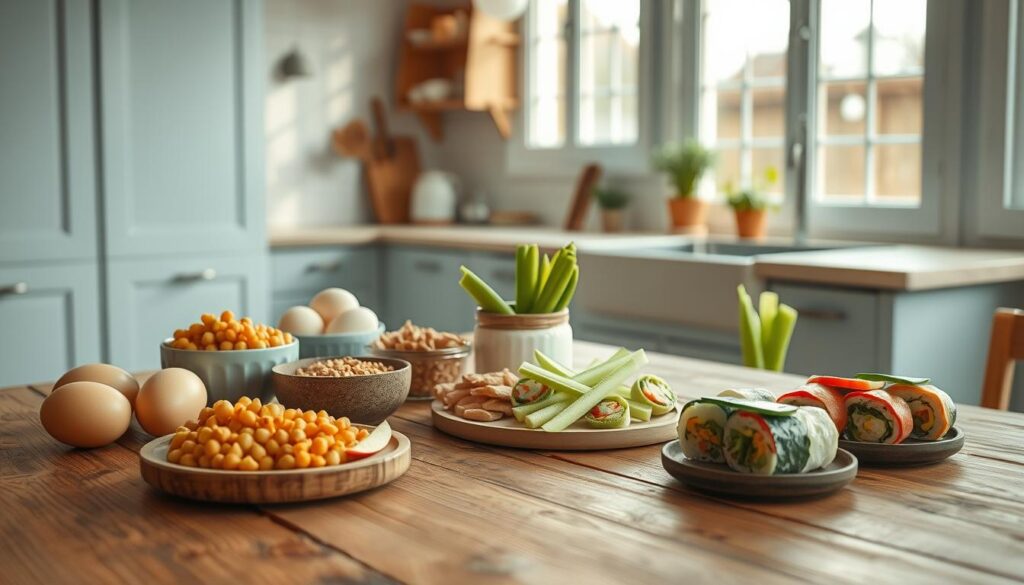 A minimalist kitchen with warm wooden accents and light blue details sets the stage for a no-fridge lunch spread. On a rustic wooden table, an assortment of wholesome, non-perishable ingredients come together in creative combinations: hearty boiled eggs, savory roasted chickpeas, crisp apple slices, crunchy nut butter-filled celery sticks, and vibrant veggie sushi rolls. The natural light from large windows casts a soft, inviting glow, highlighting the simple, nourishing fare. A tranquil, organized atmosphere encourages mindful meal planning without refrigeration, perfect for the "No-Fridge Foods and Creative Lunch Ideas" section.