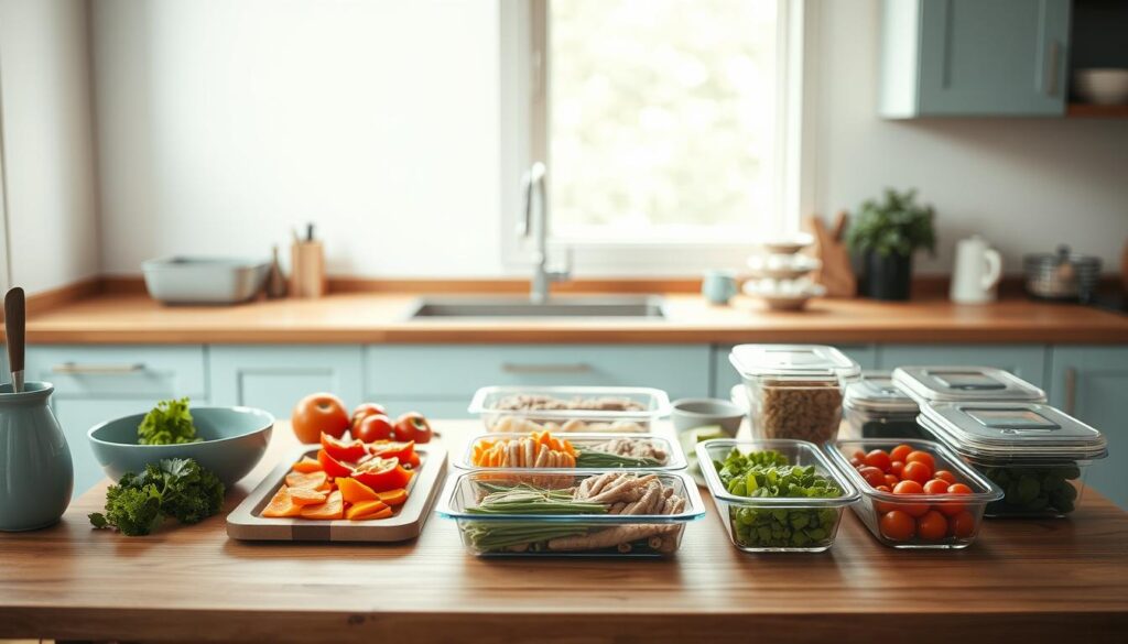 A minimalist kitchen with warm wooden countertops and light blue accents. On the counter, a series of meal prep steps are visually laid out - chopped vegetables, portioned proteins, and organized containers. Soft, diffused lighting illuminates the scene, creating a calming, efficient atmosphere. The composition emphasizes organization and simplicity, with a focus on the practical steps of meal preparation. The image conveys a sense of order and productivity, inspiring the viewer to approach their own meal prep with a similar level of thoughtfulness and attention to detail.