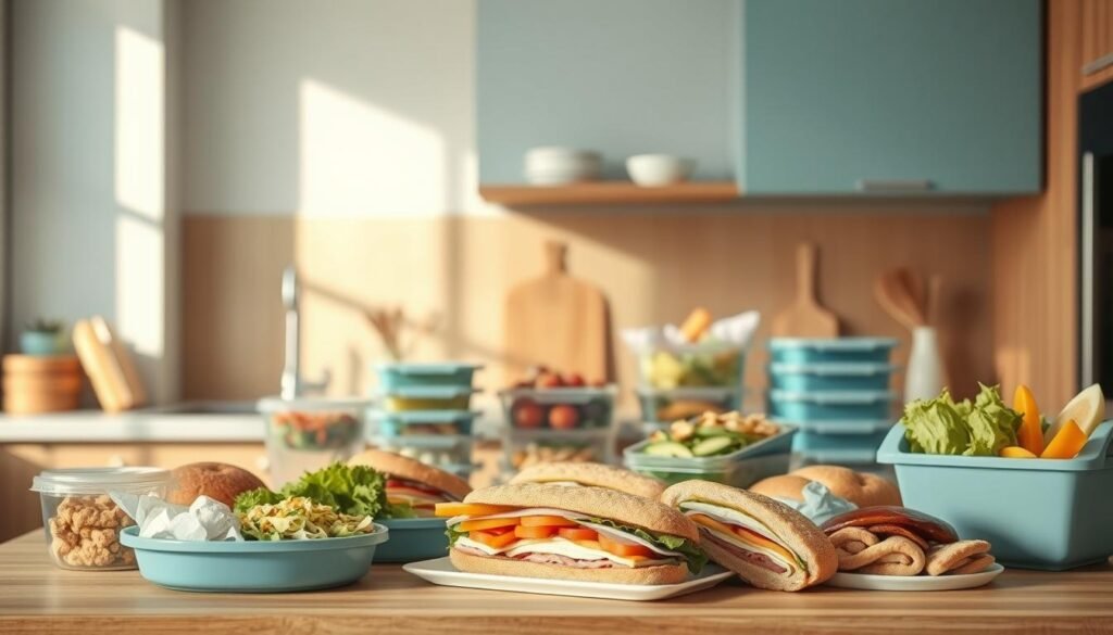 A minimalist kitchen with warm wooden textures and light blue accents serves as the backdrop for a delightful array of quick and easy cold lunch options. In the foreground, an assortment of freshly prepared sandwiches, salads, and snacks are neatly arranged, their vibrant colors and inviting textures drawing the eye. The middle ground features a selection of reusable containers and utensils, hinting at the meal prep process. Soft, natural lighting casts a gentle glow, creating a cozy and inviting atmosphere perfect for planning a week's worth of healthy, hassle-free lunches.