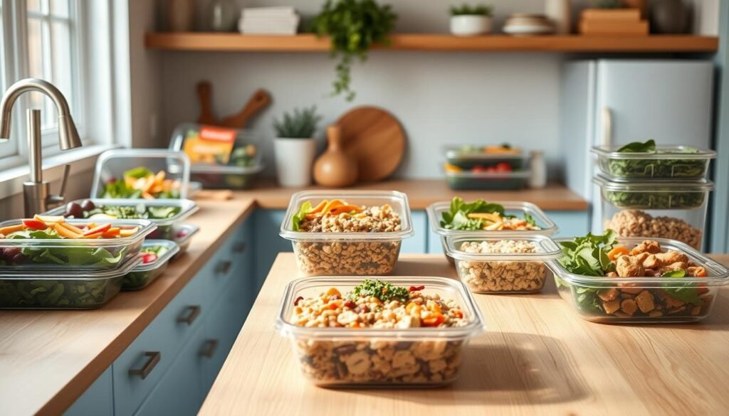 A minimalist kitchen with wooden countertops and light blue accents showcases an array of meal prep containers filled with fresh, vibrant ingredients. Hearty salads, wholesome grain bowls, and protein-rich dishes are neatly arranged, reflecting a balanced, nutritious approach to work-friendly meals. Soft, natural lighting casts a warm glow, emphasizing the care and intention behind these well-crafted recipes. The scene exudes a sense of order, organization, and a dedication to maintaining a healthy lifestyle even in the midst of a busy workweek.