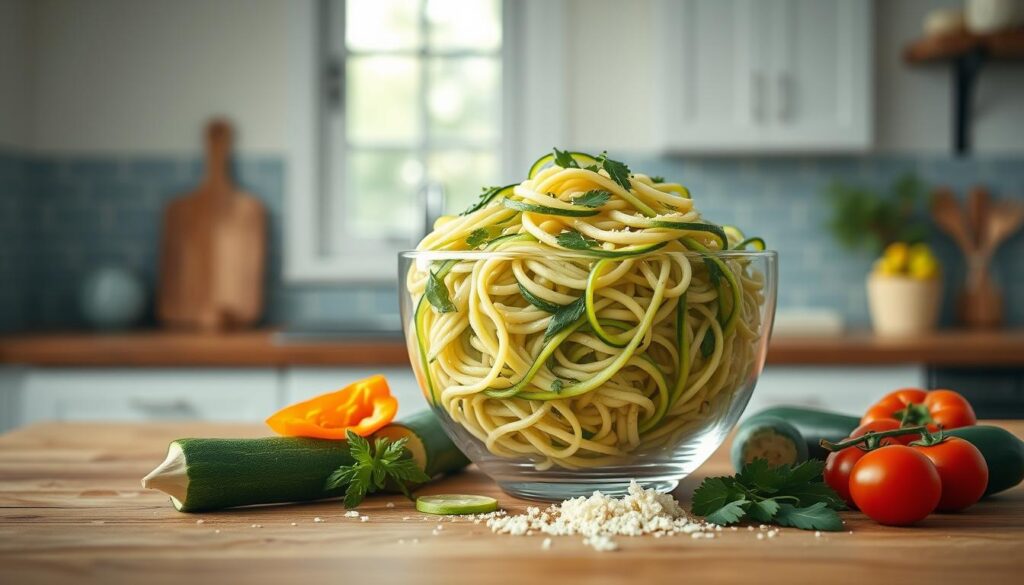 A minimalist kitchen with wooden countertops and light blue accents. In the center, a glass bowl overflows with vibrant zucchini noodles, dressed in a creamy sauce and garnished with fresh herbs. Soft, diffused lighting casts a warm glow, highlighting the delicate spirals of the zucchini. Surrounding the bowl, an assortment of complementary ingredients - sliced bell peppers, cherry tomatoes, and a sprinkle of parmesan cheese - create a visually appealing composition. The overall atmosphere is one of simplicity, highlighting the natural beauty of the zucchini noodles as a healthy and flavorful carb alternative.