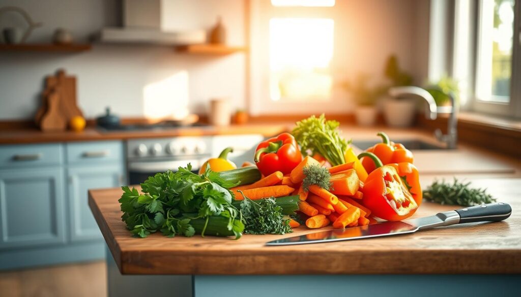 A minimalist kitchen with wooden countertops and light blue accents. On the counter, colorful vegetables - fresh carrots, vibrant bell peppers, crisp cucumbers, and fragrant herbs - are neatly arranged, ready to be chopped for a refreshing salad. The bright, natural lighting from a large window casts a warm glow, highlighting the textures and colors of the produce. A sharp knife rests nearby, anticipating the preparation process. The scene conveys a sense of calm, focused culinary activity, perfect for assembling a wholesome, visually appealing salad.