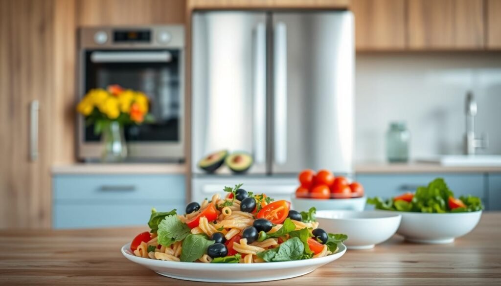 A minimalist kitchen with wooden textures and light blue accents showcases a healthy lunch pairing. In the foreground, a bountiful pasta salad with vibrant vegetables, olives, and herbs sits alongside a crisp green salad with a light vinaigrette dressing. In the middle ground, a pair of ripe avocado halves and a bowl of juicy cherry tomatoes add pops of color. The background features a sleek, stainless steel appliance and a vase of fresh flowers, creating a serene and inviting atmosphere. The image exudes a sense of balance, nutrition, and effortless style, perfectly capturing the essence of "Healthy Lunch Options: Pairing Pasta Salad with Other Dishes".