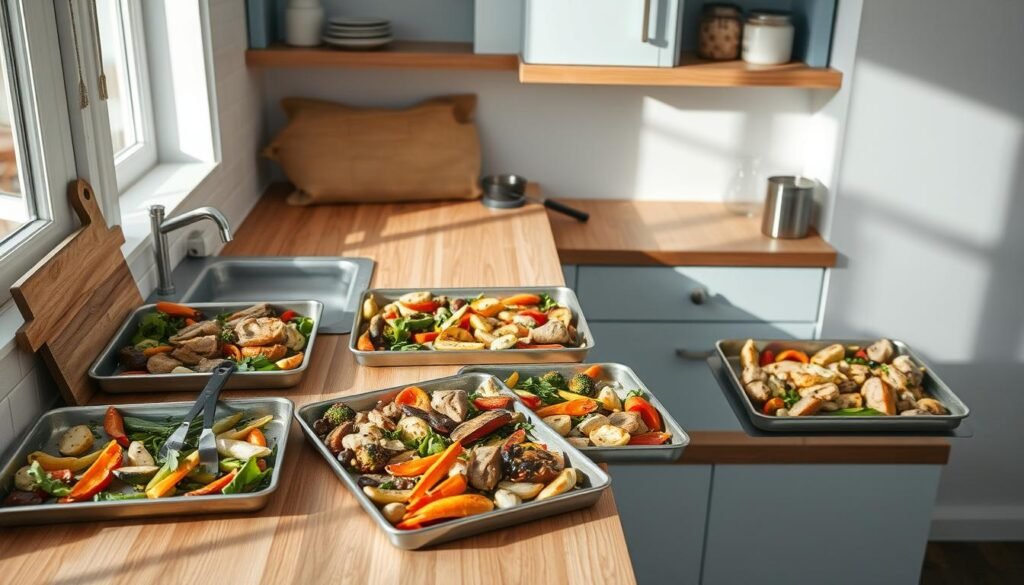 A minimalist, light-filled kitchen with wooden countertops and pale blue accents. On the counter, various sheet pans filled with colorful roasted vegetables, herbs, and proteins, arranged in an inviting display. Soft, natural lighting casts gentle shadows, highlighting the textures and colors. The scene conveys a sense of simplicity, organization, and the joy of meal prep. Subtle props, such as a cutting board, spice jars, and a steaming mug, add to the cozy, functional atmosphere. The overall composition emphasizes the essential tips for perfecting sheet pan meals - maximizing flavor, efficiency, and healthy eating.