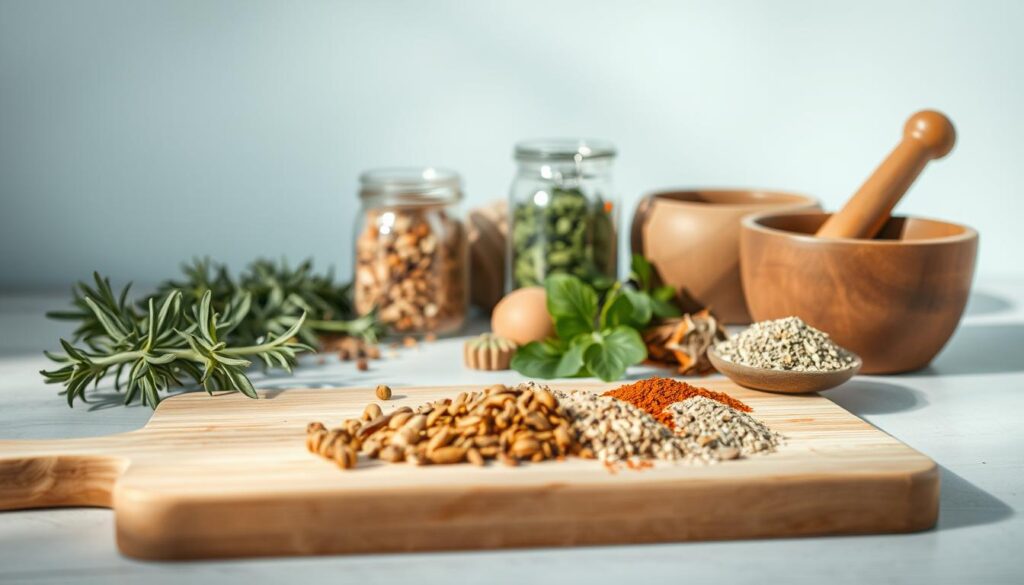 A minimalist still life of various aromatic herbs and spices, bathed in soft, natural lighting. In the foreground, a small assortment of whole and ground seasonings, such as rosemary, thyme, cumin, and smoked paprika, are arranged neatly on a wooden cutting board. In the middle ground, a few glass jars filled with dried herbs and a mortar and pestle create a sense of depth. The background features a simple, light blue-painted wall, highlighting the warm, earthy tones of the ingredients. The composition conveys a sense of balance, simplicity, and the flavorful potential of these versatile culinary enhancers.
