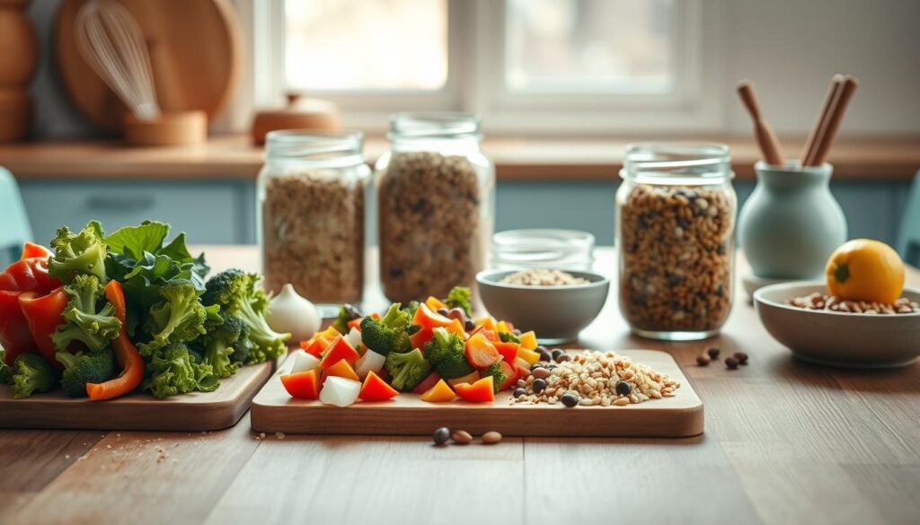 A minimalist still life of various nutritious meal prep components neatly arranged on a wooden table with light blue accents. In the foreground, a cutting board with freshly chopped vegetables, such as bell peppers, broccoli, and onions. In the middle ground, mason jars filled with hearty grains like quinoa and brown rice, alongside a small bowl of protein-rich legumes. In the background, a few simple kitchen tools like a whisk and a citrus juicer, bathed in soft, natural lighting. The overall atmosphere is one of organization, simplicity, and a commitment to wholesome, home-cooked meals.