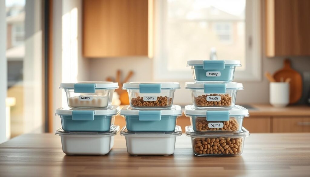 A minimalist, well-organized kitchen counter showcases a set of sleek, glass meal containers in pastel blues and whites. The containers are neatly arranged in a grid, each labeled with a day of the week, creating a visually appealing and functional breakfast meal prep system. Soft, natural lighting filters through the kitchen windows, casting a warm glow on the wooden textures of the counter and cabinets. The overall atmosphere is one of simplicity, efficiency, and a focus on healthy, low-sugar breakfast options.