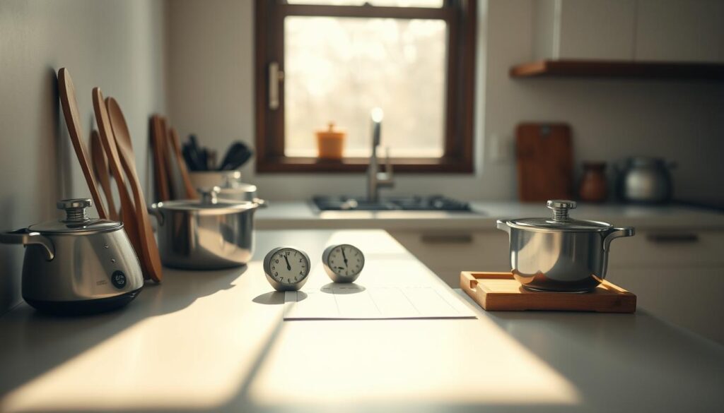 A minimalist, well-organized kitchen with soft natural light pouring in through a window, illuminating a clean countertop. On the surface, a neatly arranged selection of cooking tools, timers, and a simple weekly meal planner. The scene conveys a sense of calm efficiency, highlighting the importance of time management in creating delicious, stress-free meals, even on the busiest of schedules.