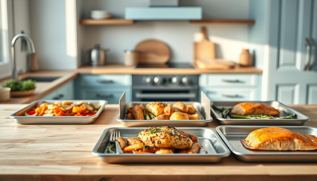 A minimalist, wooden kitchen with light blue accents showcases a multi-pan meal setup. Three sheet pans, each with a different dish, are arranged in the foreground, perfectly positioned to catch the warm, directional lighting. The pans feature roasted vegetables, baked chicken, and a crisp-edged salmon fillet, each item precisely cooked to doneness. Subtle dividers between the pans create a harmonious, organized composition. The middle ground features a few essential cooking tools, while the background suggests a serene, uncluttered space, allowing the focus to remain on the prepared dishes.