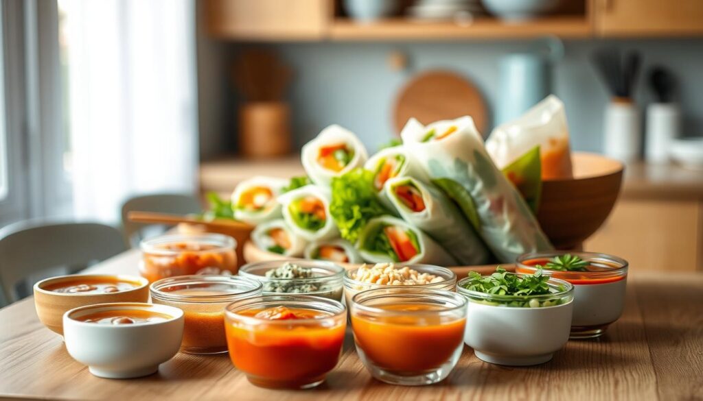 A minimalist, yet inviting still life arrangement of various dipping sauces and condiments for freshly prepared summer rolls. The scene is set in a cozy kitchen with warm wooden textures and light blue accents, capturing the casual, homemade feel of the dish. In the foreground, an assortment of small bowls and ramekins hold an array of vibrant sauces, from a rich peanut sauce to a bright, herbal Vietnamese nuoc cham. The middle ground features the freshly rolled summer rolls, their translucent wrappers allowing glimpses of the colorful fillings within. Soft, natural lighting bathes the scene, creating a soothing, appetizing atmosphere.