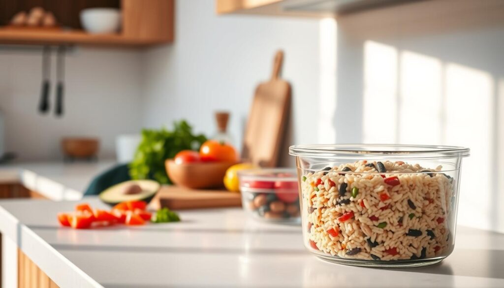 A modern Mexican meal prep scene unfolds in a cozy, minimal kitchen. Crisp white walls and warm wooden accents create a calming atmosphere. On the counter, vibrant ingredients like diced tomatoes, avocado, and fresh cilantro are neatly arranged. Nearby, a clean glass container holds a perfectly portioned rice and bean mixture, ready to be packed for the week. Soft natural light filters in, casting a gentle glow and highlighting the simple, efficient meal prep technique. The scene conveys a balanced approach to traditional Mexican flavors and contemporary, tidy presentation.