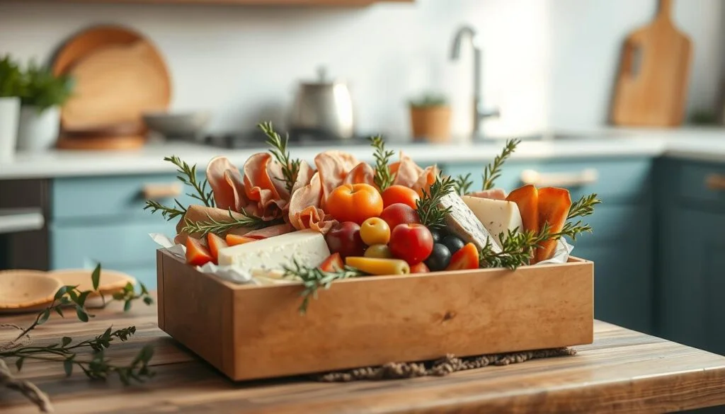 A modern charcuterie box sits atop a rustic wooden surface, its contents arranged with thoughtful precision. Cured meats, creamy cheese wedges, and vibrant seasonal fruits nestle amidst artfully placed sprigs of greenery, their colors and textures creating a visually captivating display. The minimal kitchen setting, with its light blue accents and warm wooden tones, provides a cozy backdrop that enhances the gourmet appeal of the charcuterie spread. Soft, natural lighting casts a gentle glow, highlighting the artisanal presentation and inviting the viewer to imagine the delightful flavors and textures that await.