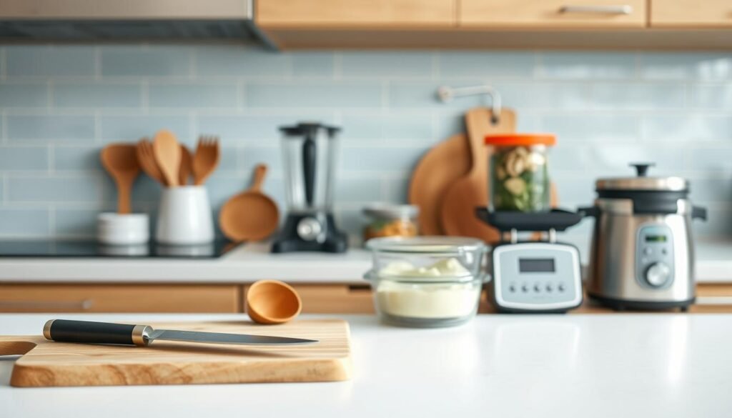 A modern, minimalist kitchen counter with an assortment of meal prep tools arranged neatly. In the foreground, a cutting board, chef's knife, and a wooden spoon stand out. In the middle ground, a sleek blender, a set of glass food containers, and a small digital scale sit atop the counter. The background features a light blue tile backsplash, complementing the warm wooden tones of the cabinetry. Soft, diffused lighting casts a gentle glow, creating a serene and organized atmosphere conducive to efficient meal preparation.