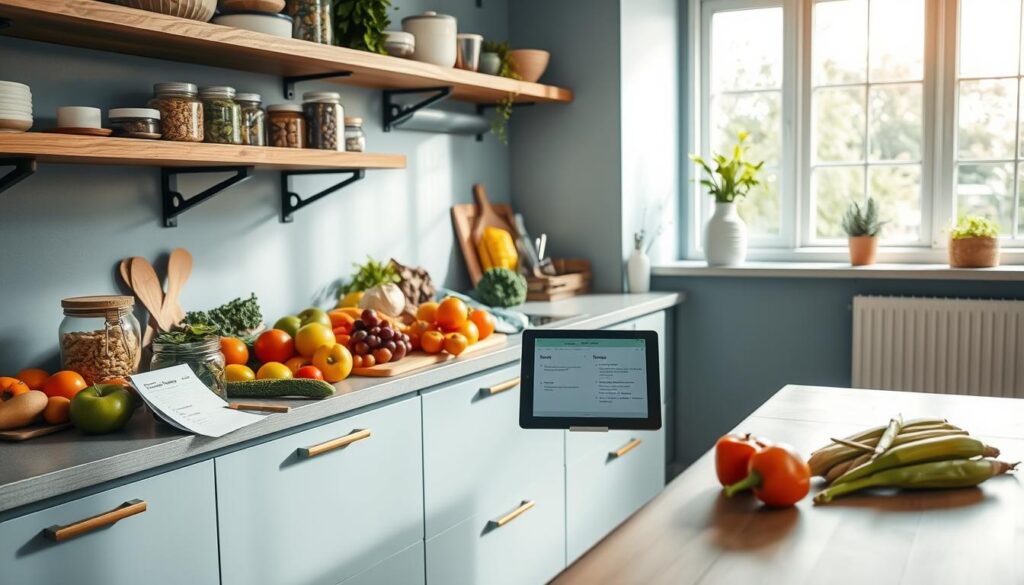 A modern, minimalist kitchen filled with natural light. On the counter, an array of fresh produce and pantry staples - vibrant fruits and vegetables, jars of dry goods, and a cutting board with a knife. Next to them, a neatly organized grocery list and a tablet displaying efficient shopping tips. The walls are painted a soft, calming blue, and the wooden floors and shelves add warmth to the space. The overall scene conveys a sense of intentionality and organization, perfectly suited for planning a nutritious cold lunch menu.