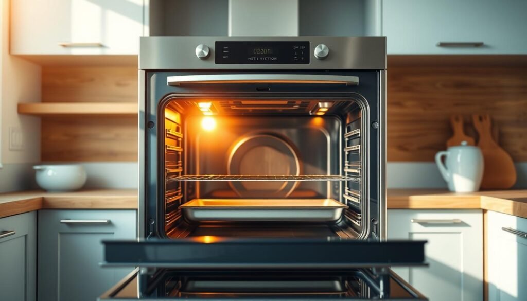A modern, minimalist kitchen interior, bathed in warm, directional lighting. The oven at the center, its door slightly ajar, reveals a series of distinct heat zones inside - the hot spot in the back, the cooler areas near the edges, and the varying temperatures in between. The oven's sleek, stainless steel exterior reflects the soft, diffused light, while the surrounding wooden surfaces and light blue accents create a cozy, inviting ambiance. The image focuses on the oven's interior, allowing the viewer to visually understand the concept of uneven heat distribution and how to manage it for perfect doneness in a sheet pan dinner.