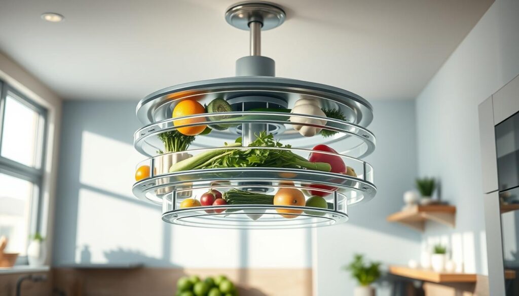 A modern, minimalist kitchen interior with a sleek, rotating food storage system suspended from the ceiling. The system consists of several clear, acrylic circular trays that gently rotate, illuminated by soft, diffused overhead lighting. Various fresh produce, herbs, and small food items are neatly arranged on the trays, ensuring optimal visibility and easy access. Wooden shelves and accents in a light blue palette complement the clean, streamlined design. The scene conveys a sense of organization, efficiency, and thoughtful food storage for maximum freshness.