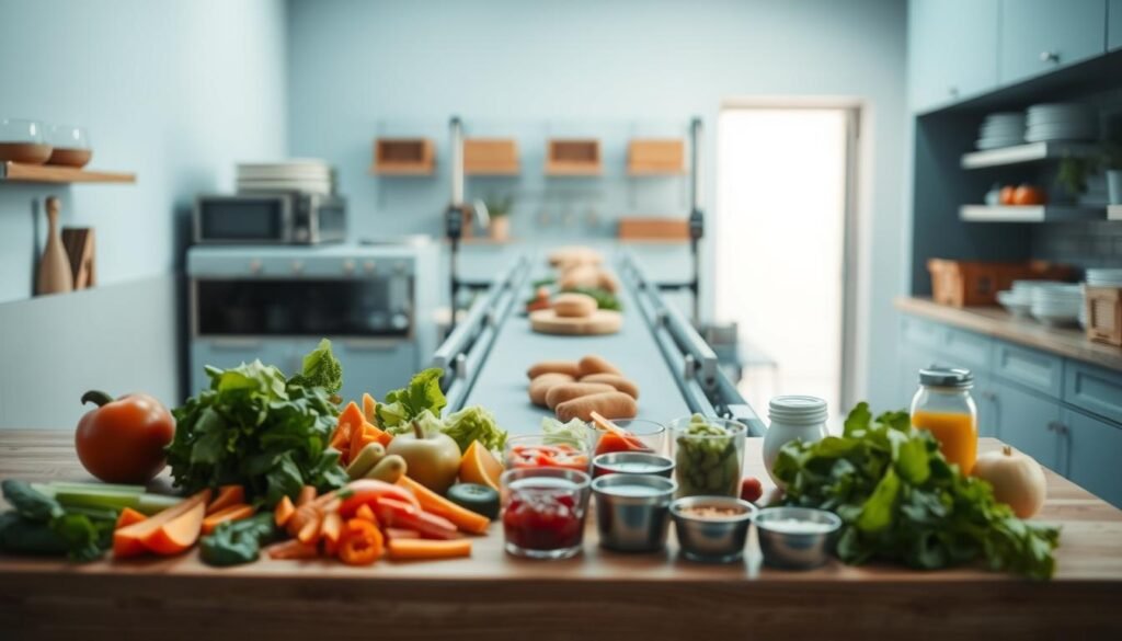 A modern, minimalist kitchen with a clean, light blue color palette. In the foreground, a well-organized workstation features a variety of fresh ingredients neatly arranged, including chopped vegetables, sliced fruits, and small containers of condiments. A subtle warm lighting illuminates the scene, casting soft shadows and highlighting the textures of the wooden surfaces. In the middle ground, a conveyor belt-like system efficiently transports the individual components, guiding them through a thoughtful assembly process. The background reveals a serene, uncluttered space, allowing the viewer to focus on the methodical construction of the cold lunch meal.