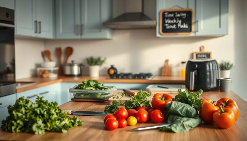 A modern, minimalist kitchen with a polished wooden countertop and light blue cabinets. On the countertop, various meal prep containers, a cutting board, and a sharp knife are neatly arranged. The lighting is soft and even, creating a calming ambiance. In the foreground, a variety of fresh produce, such as leafy greens, bell peppers, and cherry tomatoes, are strategically placed, hinting at the nutritious components of the time-saving meals. The middle ground features a slow cooker and an air fryer, representing efficient cooking appliances. In the background, a small chalkboard displays a weekly meal plan, exemplifying an organized approach to meal preparation.