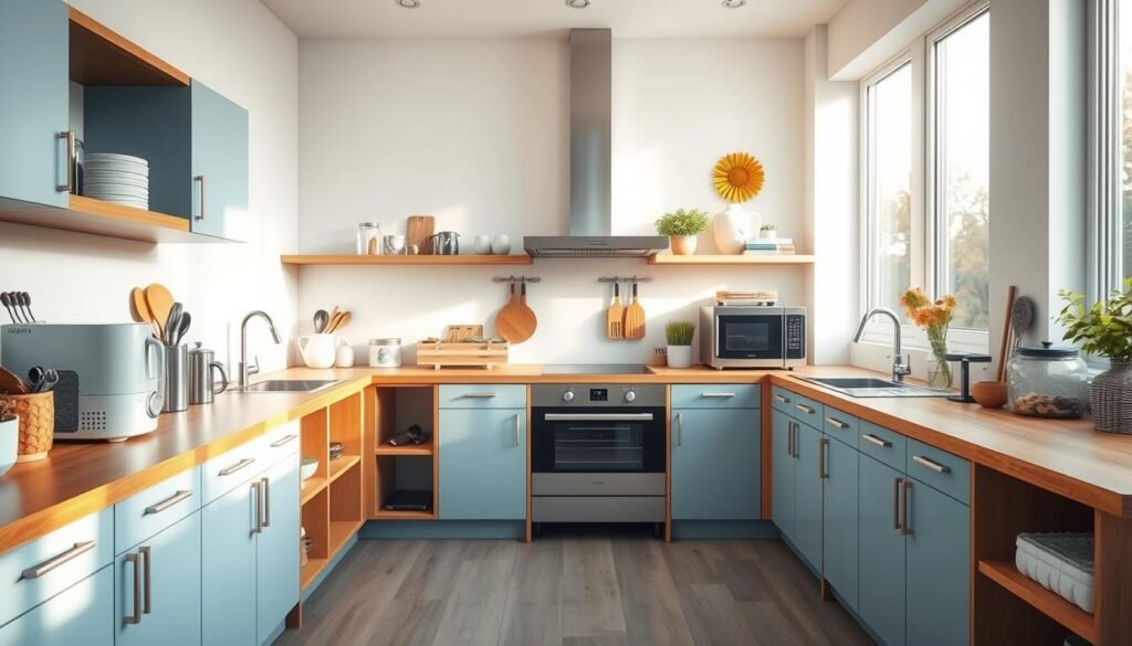 A modern, minimalist kitchen with a streamlined layout and efficient appliance placement. Wooden countertops and cabinets with light blue accents create a calming, organized atmosphere. Carefully positioned appliances, utensils, and storage containers maximize workflow and accessibility. Warm, natural lighting filters through large windows, casting a gentle glow on the tidy workspace. The overall design prioritizes functionality and visual harmony, enabling a smooth and productive morning routine.