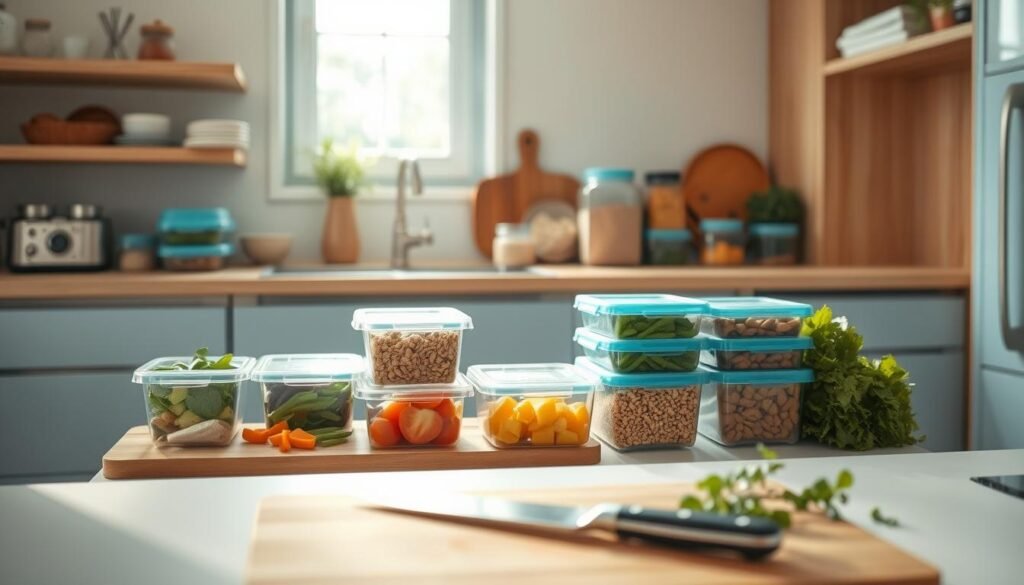 A modern, minimalist kitchen with light blue accents and warm wooden tones. On the counter, a variety of meal prep containers, chopped vegetables, and a selection of pantry staples like grains, beans, and spices. Soft, natural lighting filters in from a nearby window, creating a cozy, inviting atmosphere. In the foreground, a cutting board with a knife and a few fresh herbs, suggesting a hands-on approach to budget-friendly meal prep. The overall scene conveys a sense of efficiency, organization, and a commitment to nourishing, cost-conscious cuisine.
