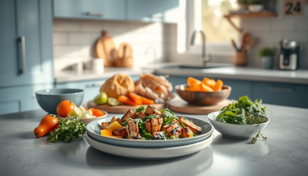 A modern, minimalist kitchen with light blue accents and wooden textures. Neatly prepared Mexican cuisine ingredients - chopped vegetables, grilled meat, and fresh herbs - are arranged on the countertop, showcasing the benefits of efficient office meal prep. The scene is bathed in soft, natural lighting, creating a calm and inviting atmosphere. No visible hands, allowing the focus to remain on the well-organized, time-saving meal prep.