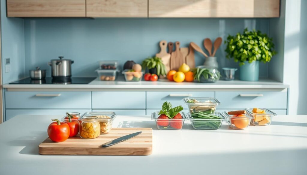 A modern, minimalist kitchen with light blue accents and wooden textures. On the sleek countertop, an arrangement of fresh produce, airtight containers, and a cutting board with knife. The scene is bathed in soft, natural lighting, creating a calm, productive atmosphere. A variety of healthy, colorful ingredients are neatly prepared, ready for a balanced, energizing workday meal. The composition evokes a sense of organization, mindfulness, and the benefits of meal prepping for a productive day ahead.