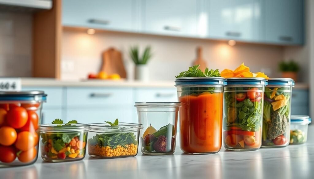 A modern, minimalist kitchen with light blue cabinets and wooden accents. On the countertop, a row of glass meal prep containers, each filled with a different colorful ingredient - vibrant vegetables, flavorful sauces, and fresh herbs. The containers are neatly arranged, their lids sealed to preserve the ingredients' freshness until mealtime. Soft, diffused lighting casts a warm glow, highlighting the textures and colors. The scene conveys a sense of organization and intentionality, supporting the idea of keeping ingredients fresh and ready to enjoy.