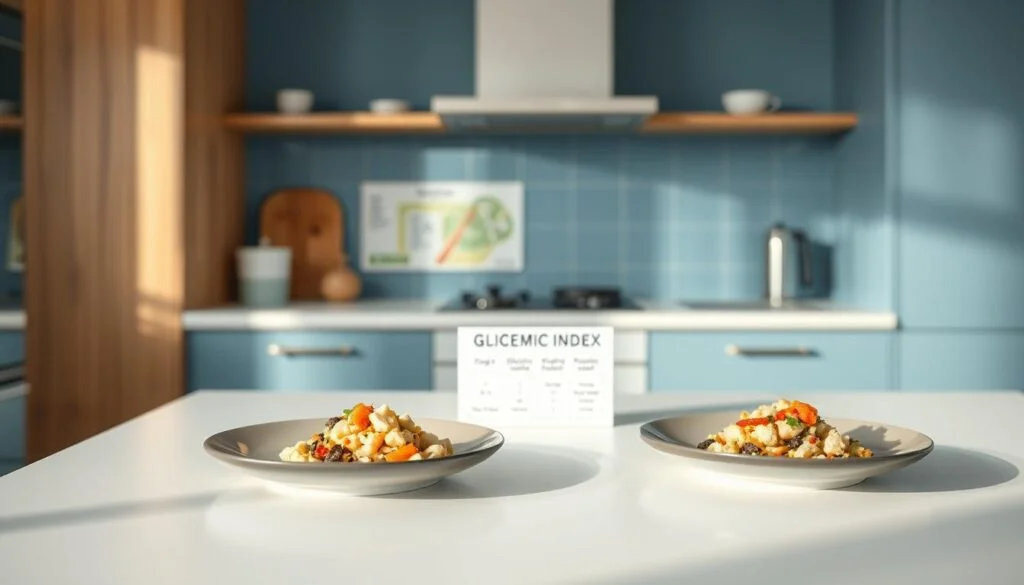 A modern, minimalist kitchen with soft blue accents and warm wooden tones. On a clean, uncluttered countertop, two plates display perfectly portioned meals, each with a small pile of carb-rich food. The plates are accompanied by a simple chart illustrating the glycemic index of different foods, providing a visual guide to understanding the impact of carbohydrates on blood sugar levels. Soft, diffused lighting creates a calm, inviting atmosphere, perfect for meal planning and preparation.