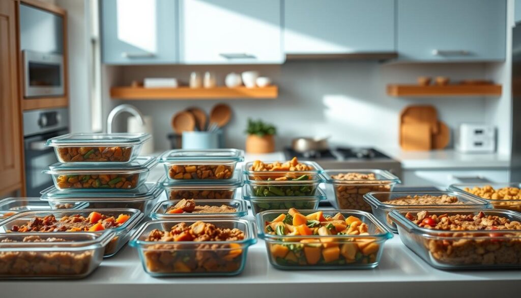 A modern, minimalist kitchen with warm wooden cabinets and light blue accents. On the countertop, an array of glass containers and baking dishes filled with nourishing, freezer-friendly meals - hearty stews, roasted vegetables, and perfectly portioned casseroles. Soft, natural lighting casts a gentle glow, highlighting the clean lines and inviting atmosphere. The scene conveys a sense of efficiency and meal-prep organization, inspiring healthy, make-ahead dinners that are ready to be frozen and enjoyed later.