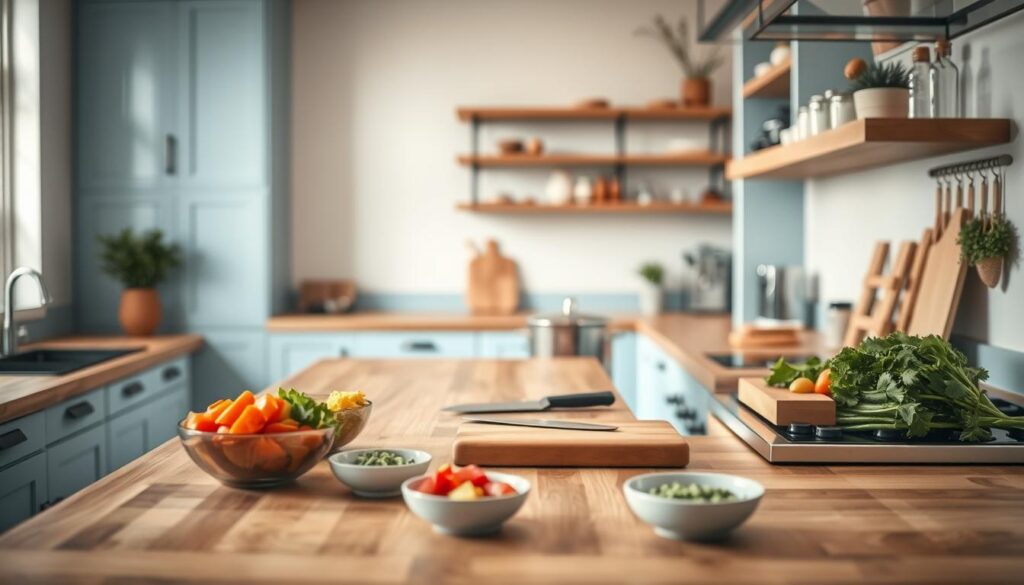 A modern, minimalist kitchen with wooden countertops and light blue accents. On the countertop, a series of meal prep stations are laid out, each with neatly organized ingredients, chopping boards, and cooking utensils. In the foreground, freshly chopped vegetables are arranged in small bowls, ready for assembly. In the middle ground, a chef's knife and cutting board sit beside a simmering pot on the stove. In the background, open shelves display a variety of spices and seasonings. The scene is bathed in warm, diffused lighting, creating a calm and focused atmosphere for efficient meal preparation.