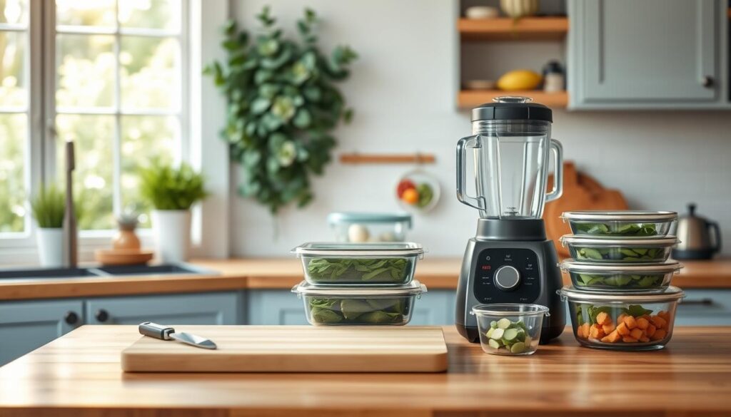 A modern, well-organized kitchen with wooden countertops and light blue cabinets. On the counter, a variety of meal prep tools and containers are neatly arranged, including a cutting board, a high-powered blender, and glass meal prep containers. The lighting is soft and natural, casting a warm glow over the scene. In the background, the window provides a view of a lush, green garden, hinting at the freshness of the ingredients. The overall atmosphere conveys efficiency, organization, and a commitment to healthy, time-saving meal preparation.