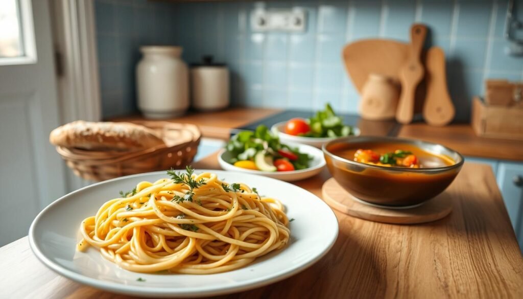 A modest Italian kitchen with wooden countertops and light blue accents showcases an array of budget-friendly, home-cooked dishes. In the foreground, a plate of spaghetti aglio e olio, its simple yet flavorful ingredients glistening under soft, natural lighting. Beside it, a hearty minestrone soup, its vibrant vegetables and aromatic broth complementing the pasta. In the middle ground, a rustic loaf of crusty bread and a small salad with fresh greens, tomatoes, and a zesty vinaigrette. The background hints at the efficiency of the space, with clean lines, a few essential tools, and an overall sense of warmth and functionality, all captured through a wide-angle lens that emphasizes the cozy, homemade atmosphere.