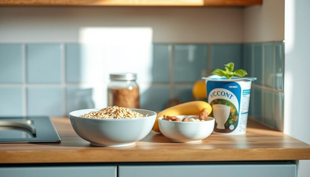 A modest kitchen counter, bathed in soft morning light. Atop it, an array of microwave-friendly breakfast essentials: a bowl of hearty oats, a small jar of honey, a ripe banana, a carton of yogurt, and a sprig of fresh mint. The ingredients are arranged with care, their textures and colors complementing each other in a visually appealing display. The wooden surface and light blue accents create a warm, inviting atmosphere, perfect for a quick, healthy meal. The scene conveys a sense of simplicity and mindfulness, with no distractions or clutter to detract from the heart of the matter - nourishing, microwave-friendly breakfast options.