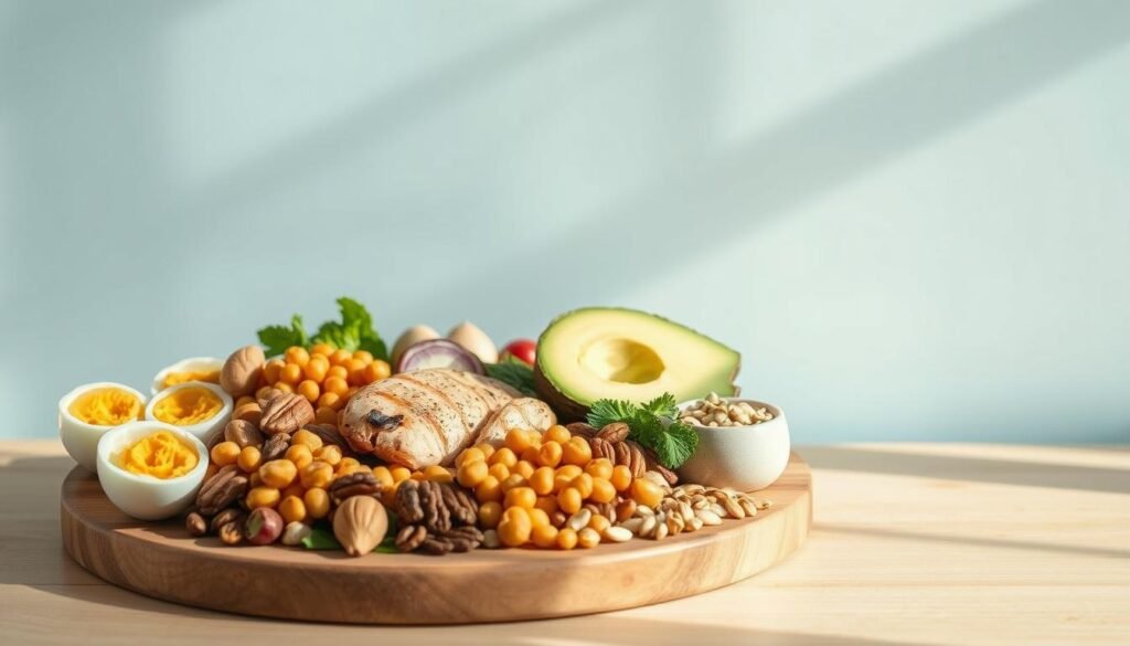A modular, carefully arranged assortment of vibrant and complementary protein-rich ingredients neatly presented on a wooden board against a light blue backdrop. Natural daylight casts soft shadows, highlighting the textures and colors of the various components - boiled eggs, grilled chicken, roasted chickpeas, sliced avocado, and an assortment of nuts and seeds. The overall composition exudes a sense of balance, nourishment, and culinary creativity, inviting the viewer to envision the endless possibilities of a customizable protein box.