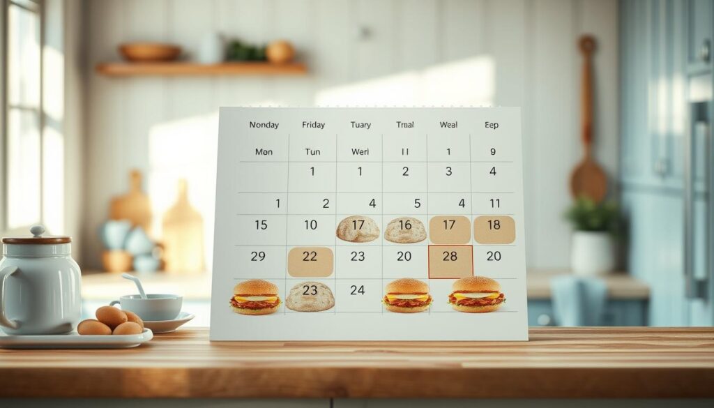 A monthly meal calendar featuring baked egg sandwiches in a cozy, minimal kitchen environment with wooden textures and light blue accents. The calendar is displayed on a wooden background, with the individual days showcasing images of the delicious baked egg sandwiches. Soft, natural lighting illuminates the scene, creating a warm and inviting atmosphere. The calendar is the focal point, presented in a clean and organized layout, highlighting the monthly schedule for these nutritious and satisfying breakfast options.