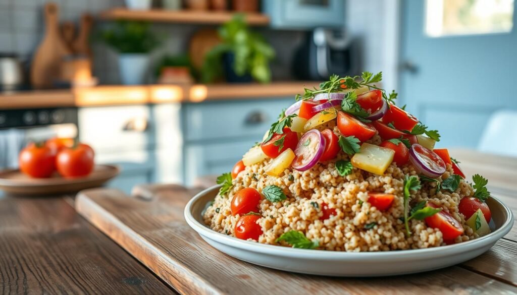A mouth-watering Mediterranean quinoa salad meal prep, showcased on a rustic wooden table in a cozy, minimal kitchen. Vibrant vegetables - tomatoes, cucumber, red onion, and fresh herbs - are artfully arranged atop a bed of fluffy, nutrient-dense quinoa, drizzled with a zesty lemon-garlic dressing. The light blue accents of the kitchen accentuate the fresh, vibrant colors of the salad. The scene is captured with a warm, natural lighting that casts a soft glow, creating an inviting and appetizing atmosphere.