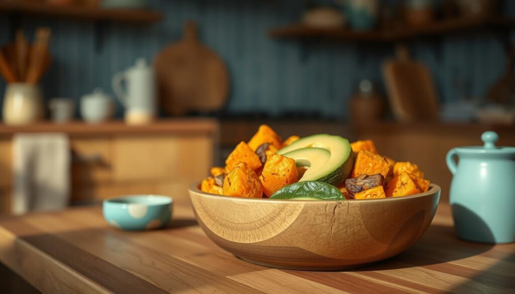 A mouth-watering arrangement of roasted sweet potato cubes and creamy avocado slices, artfully presented in a rustic wooden bowl against the backdrop of a cozy, minimal kitchen. The sweet and savory combination is enhanced by the warm, earthy tones of the wood surfaces and the soft blue accents that create a calming, inviting atmosphere. The lighting is natural and diffused, casting a gentle glow over the vibrant, nourishing ingredients, ready to fuel the day ahead.