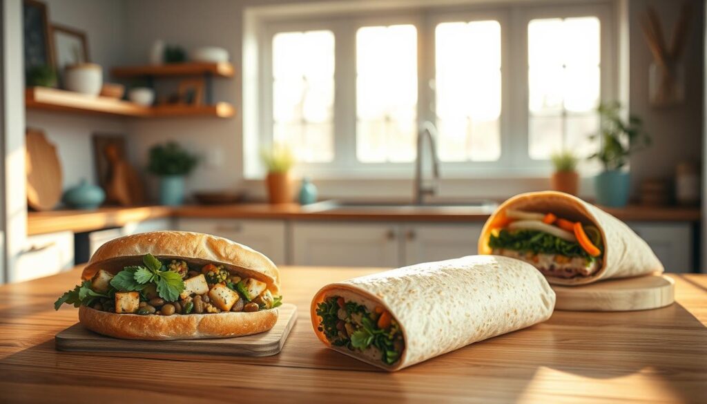 A mouth-watering array of vegetarian sandwiches and wraps, brimming with complete proteins, sits on a wooden countertop in a cozy, minimalist kitchen. The soft, fluffy breads and vibrant fillings, such as tofu, lentils, and quinoa, are bathed in warm, natural light filtering through large windows. Hints of light blue accents add a calming touch, complementing the earthy tones. The sandwiches and wraps are arranged with care, inviting the viewer to imagine their satisfying flavors and textures.