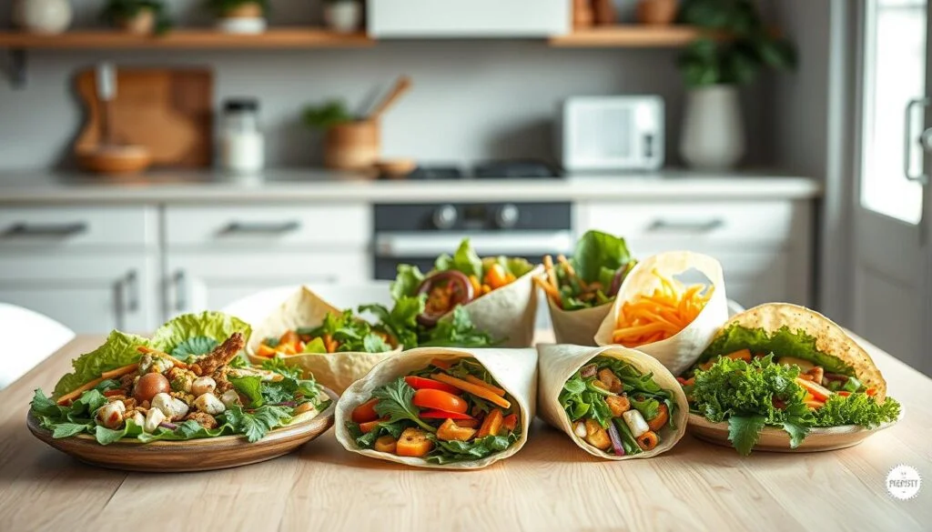 A mouth-watering assortment of creative salad and wrap recipes, beautifully presented on a light wooden table in a cozy, minimal kitchen. Vibrant greens, colorful veggies, and savory protein elements come together in a visually stunning display, with a Prepistry logo adding a touch of culinary elegance. Soft, diffused lighting casts a warm glow, accentuating the delicate textures and rich hues. The scene evokes a sense of wholesome, health-conscious living, perfect for illustrating the "Creative Salad and Wrap Recipes" section of the "Lunch Meal Prep Gluten Dairy Free For Sensitive Digestion" article.