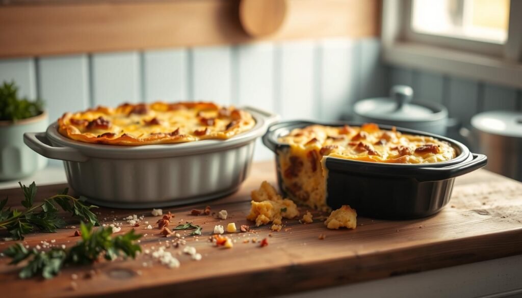 A mouth-watering slow cooker breakfast casserole sits on a rustic wooden countertop, surrounded by fresh herbs, spices, and a few stray crumbs. The casserole is golden-brown on top, with a fluffy, egg-based interior dotted with diced vegetables and savory breakfast meats. Soft morning light filters in through a nearby window, casting a warm glow over the scene. The atmosphere is calm and inviting, hinting at the comforting aromas and flavors that await. A minimal, light-blue and wood-toned kitchen backdrop provides a simple, clean setting to showcase the delectable slow-cooked creation.