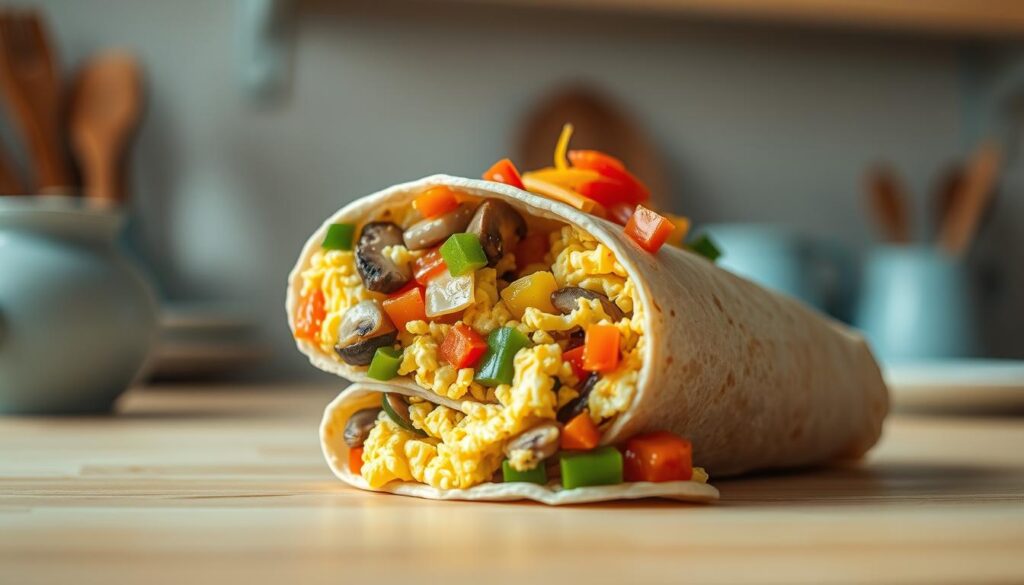 A mouth-watering veggie breakfast burrito, its flour tortilla filled with fluffy scrambled eggs, sautéed bell peppers, onions, and mushrooms. Sprinkled with shredded cheddar cheese and a drizzle of tangy salsa, it's a protein-packed start to the day. Captured in a cozy, minimal kitchen setting with warm wooden textures and light blue accents, the burrito is shot from an angle that showcases its tempting layers and flavors, inviting the viewer to take a bite. Soft, natural lighting casts a gentle glow, creating an appetizing and energizing atmosphere.