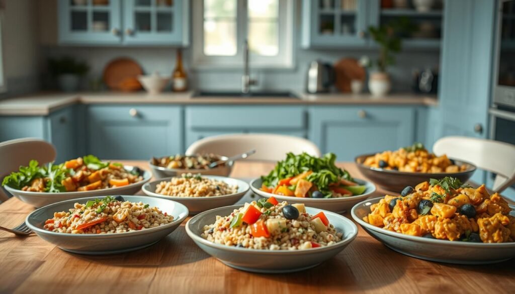 A mouthwatering array of vegetarian meal prep options arranged on a wooden table in a cozy, minimalist kitchen. A variety of colorful, freshly prepared dishes including a hearty grain salad, roasted vegetables, and a creamy plant-based curry. Soft natural light filters in, highlighting the vibrant textures and hues. Light blue accents on the kitchen cabinets and tableware complement the earthy tones. The scene exudes a sense of nourishment and wellness, inspiring the viewer to explore exciting new flavors and textures in their own meal planning.