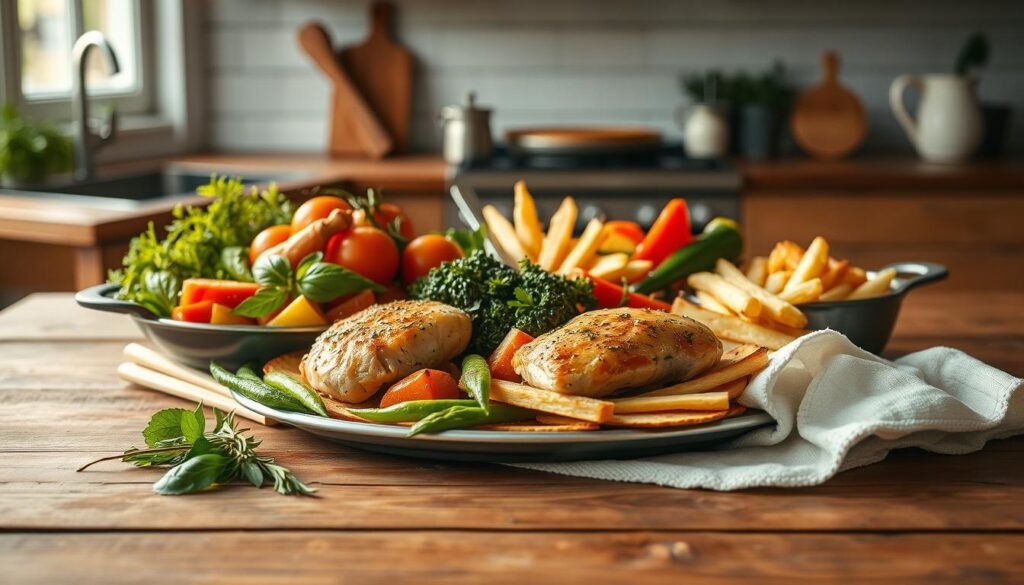 A mouthwatering collection of customizable one-pan meal variations rests on a rustic wooden table in a cozy, minimalist kitchen. Vibrant, fresh ingredients - tender chicken, crisp vegetables, aromatic herbs - are arranged in an inviting display, hinting at the endless flavor possibilities. Warm, natural lighting casts a soft glow, highlighting the textures and colors. The scene exudes a sense of culinary creativity and effortless elegance, inspiring the viewer to experiment with their own unique one-pan meal creations.