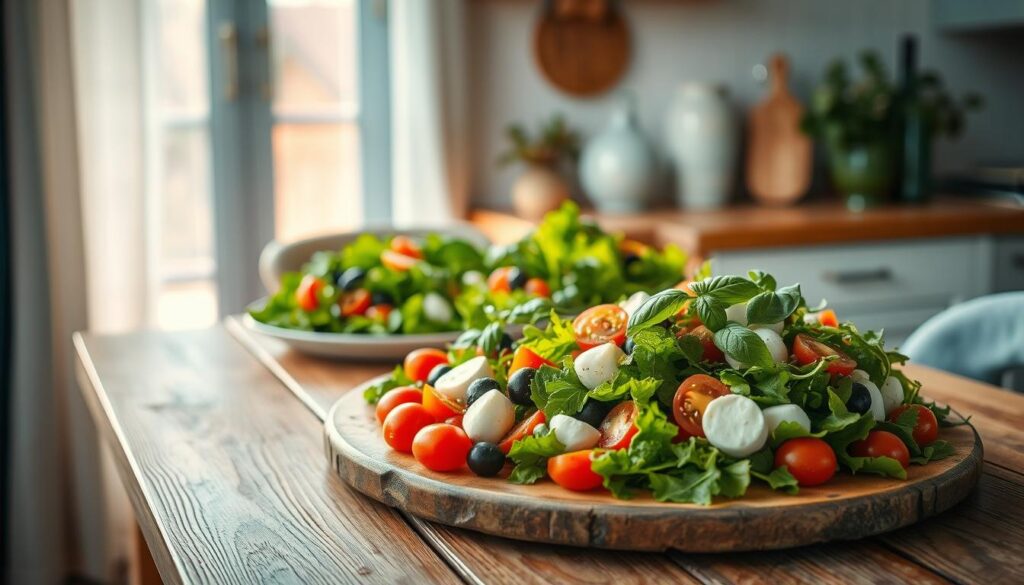 A mouthwatering display of vibrant Italian summer salads showcased on a rustic wooden table in a cozy kitchen. Crisp greens, juicy tomatoes, tangy olives, and fresh mozzarella are artfully arranged, drizzled with a vibrant basil-infused vinaigrette. Soft natural light filters through sheer curtains, casting a warm glow on the scene. The minimalist decor, with light blue accents, creates a calming, inviting atmosphere, perfect for enjoying these fresh and flavorful Italian delights.